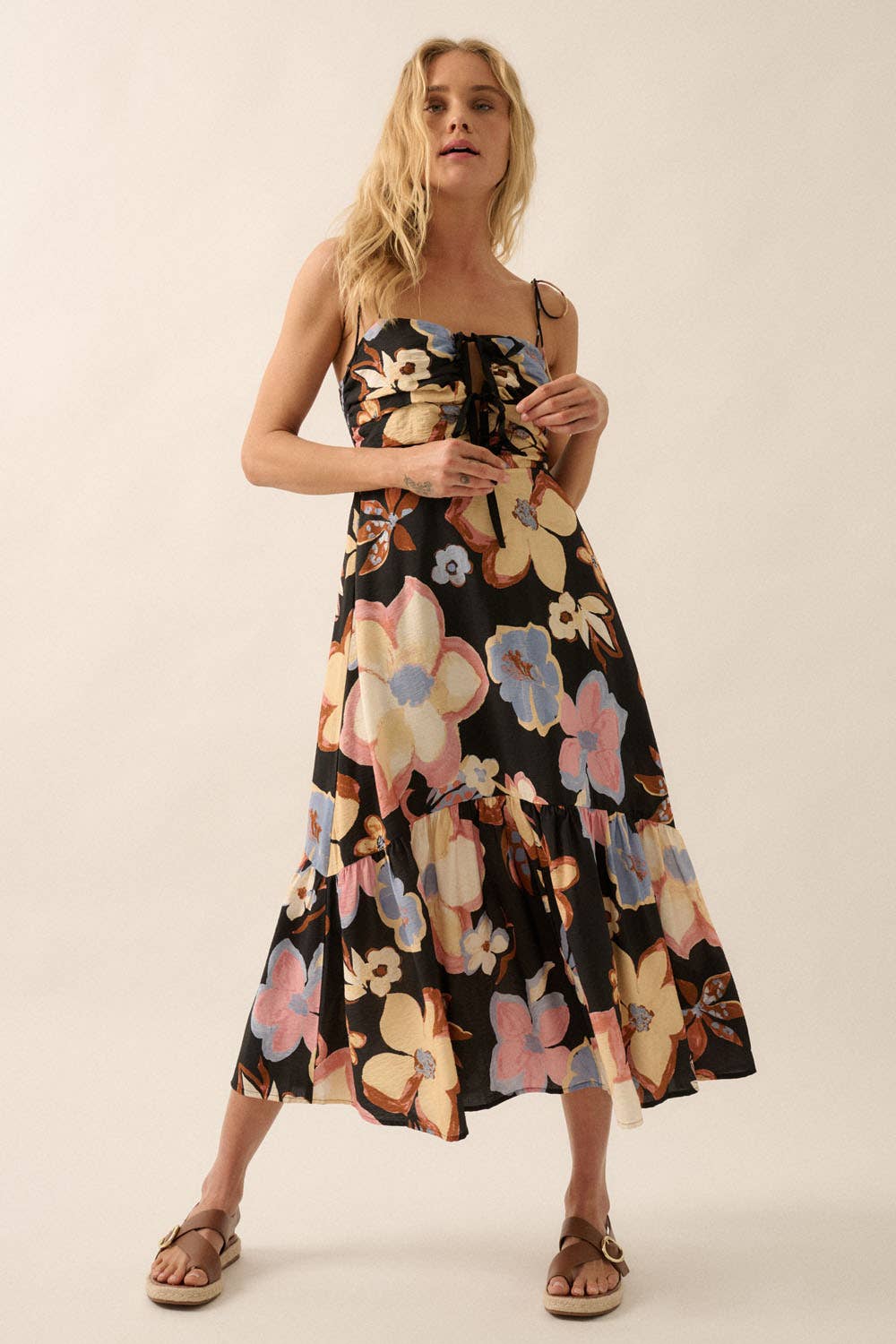 Textured Floral-Print Tie-Front Ruffle Midi Dress: CREAM / NDC2208C