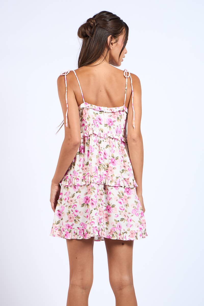 PINK FLORAL TIE STRAP RUFFLE TIERED MINI DRESS: Flowers / SM-D20620H