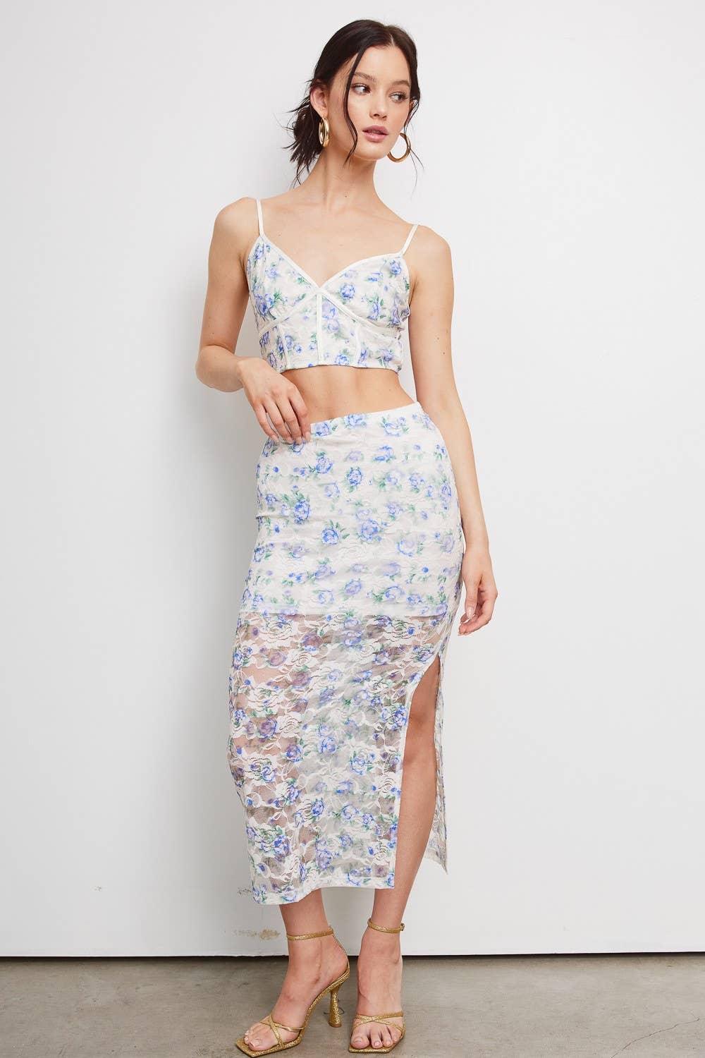 💖Only Skirt💖 MS8057 FLORAL LACE TANK + MIDI SKIRT: Baby Blue