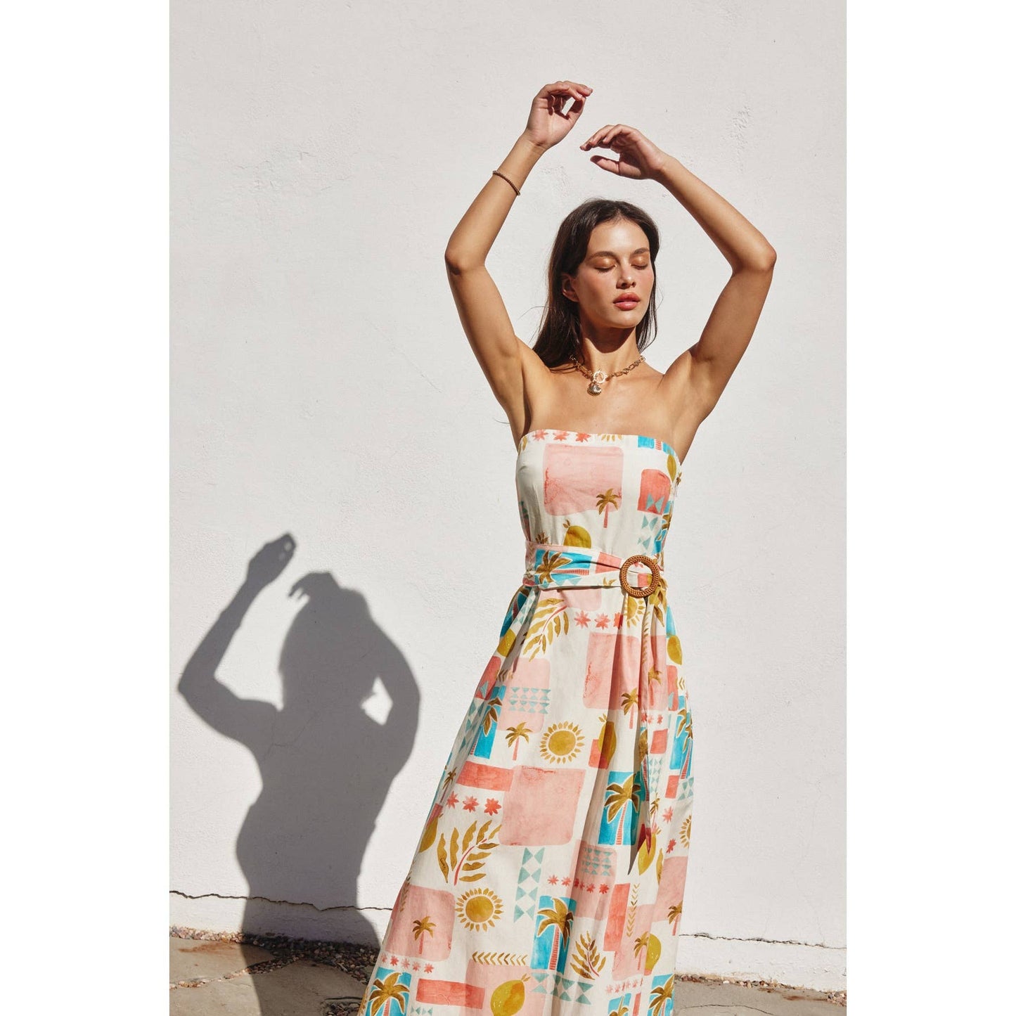 Moroccan Spring Rattan Belt Strapless Maxi Dress: AMALFI COAST / FD12672-P1900