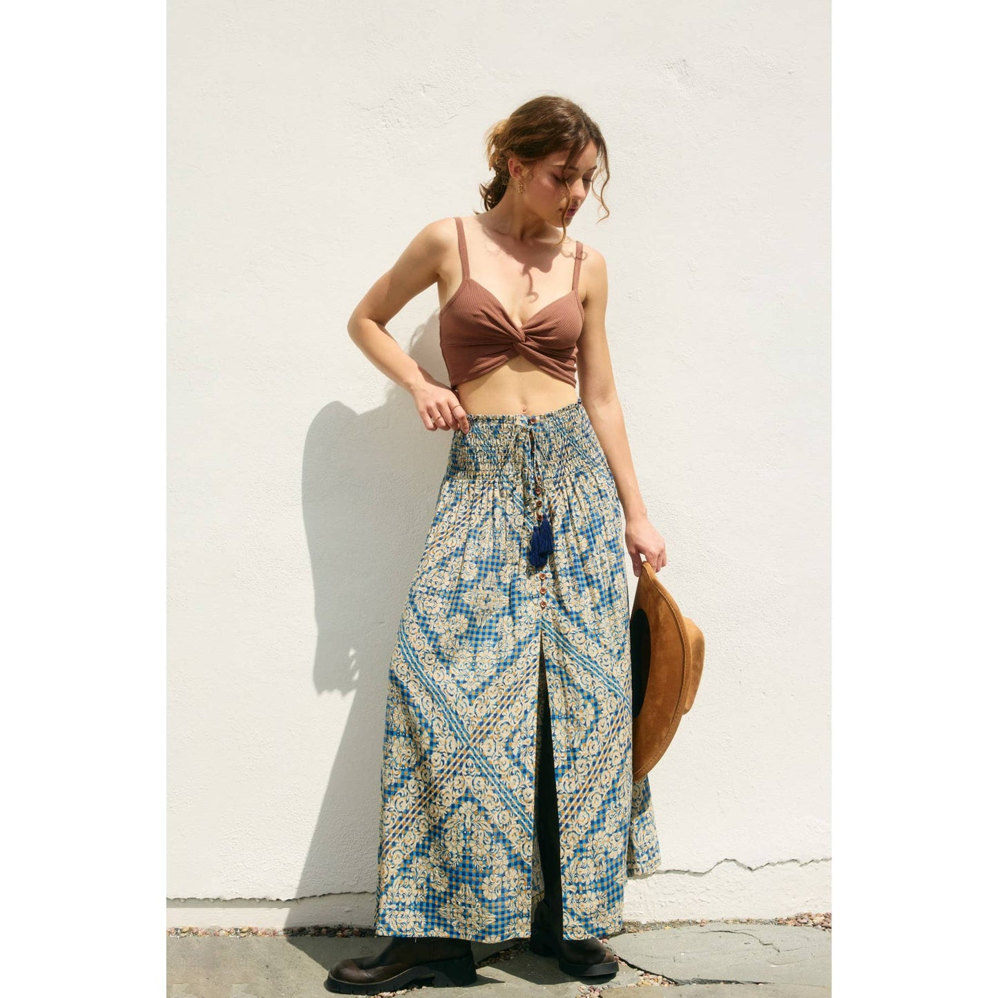Stay Cute Smocked Hip Midi Skirt: PLAID DENIM / FS12202-P1971_1