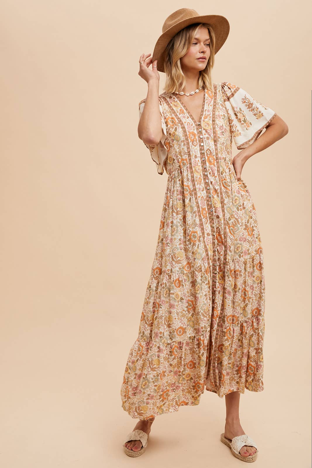BORDER PRINT BUTTON FRONT MIDI DRESS: DUSTY BLUE / ILD4971-A