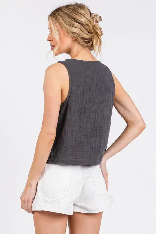 Cotton Gauze Round Neck Sleeveless Top - NT31273A: Black