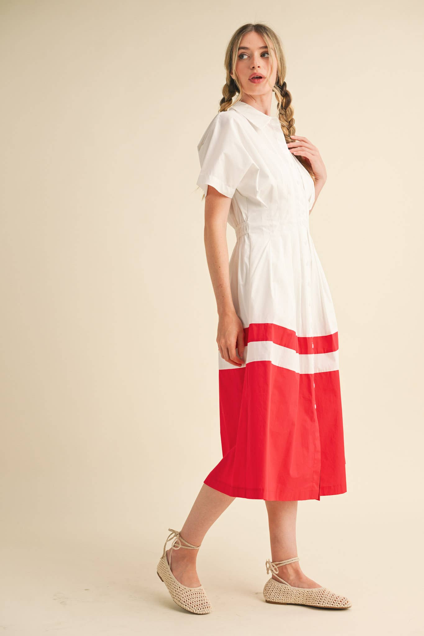 BUTTON DOWN PLEATED WAIST COLOR BLOCK MIDI DRESS MDR3556