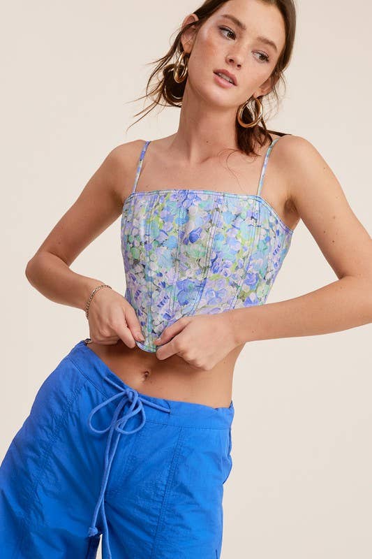 MT1541 FLORAL CORSET SPAGHETTI STRAP BACK ZIPPER TANK TOP: Blue