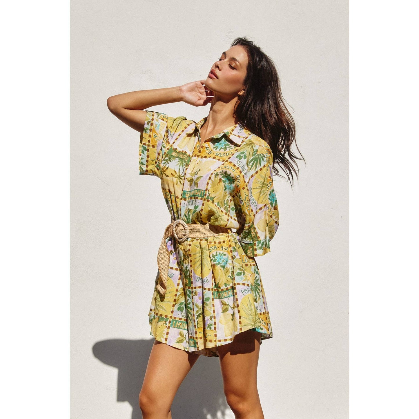 Isla Palma Button Up Rattan Belt Romper: TROPICAL SUN / FR10843-P1978