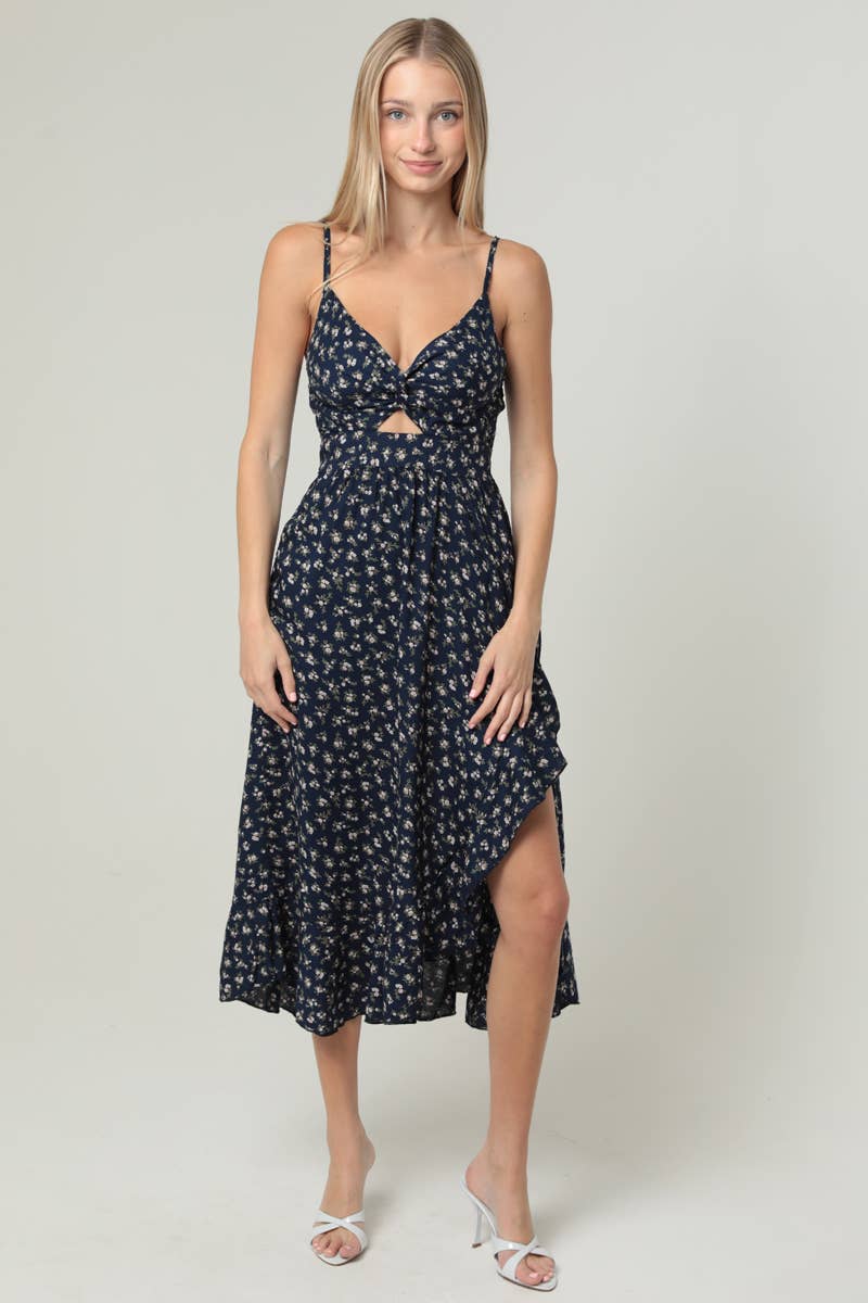 C4F25-WA92 V NECK TWIST FRONT CUT OUT SIDE SLIT RUFFLE MIDI