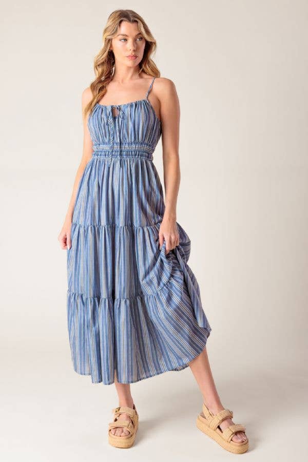 A striped woven midi dress - ID22001: DENIM BLUE STRIPE