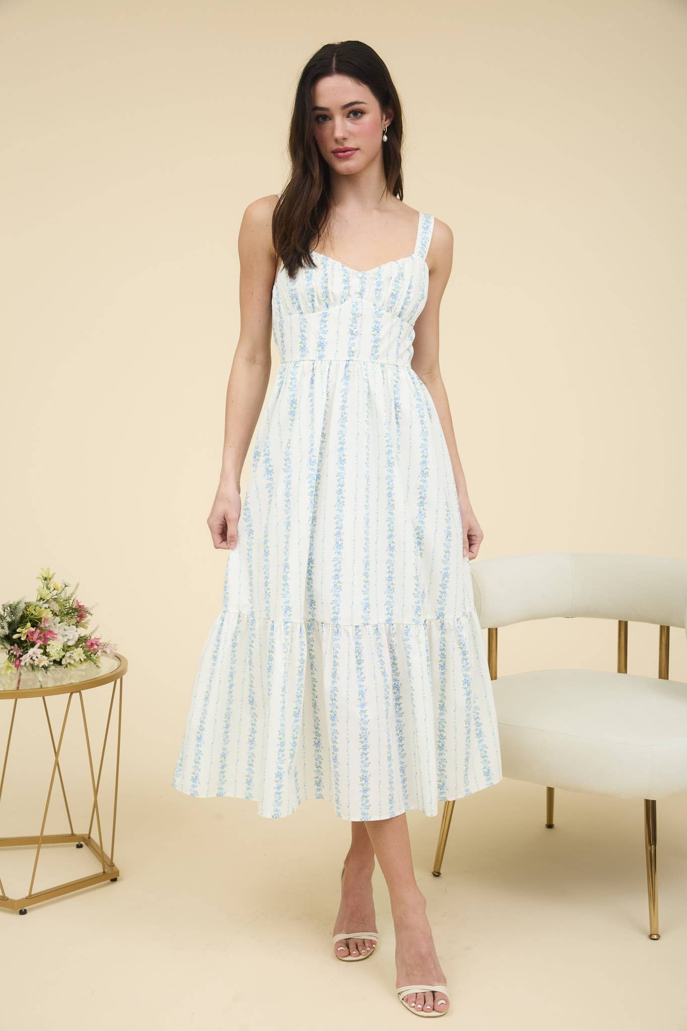 FLORAL STRIPE BUTTON DETAIL MAXI DRESS: BLUE B5SD1045