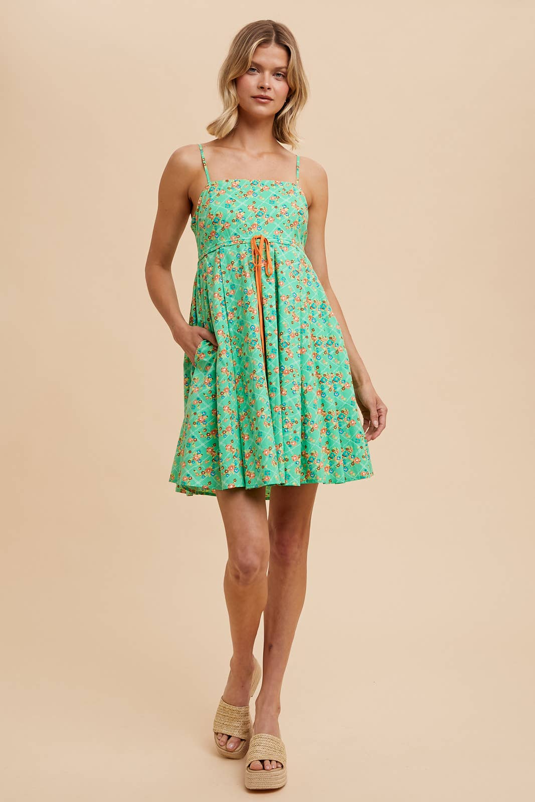 COTTON FLORAL SKATER DRESS: GREEN FLORAL / ILD5788