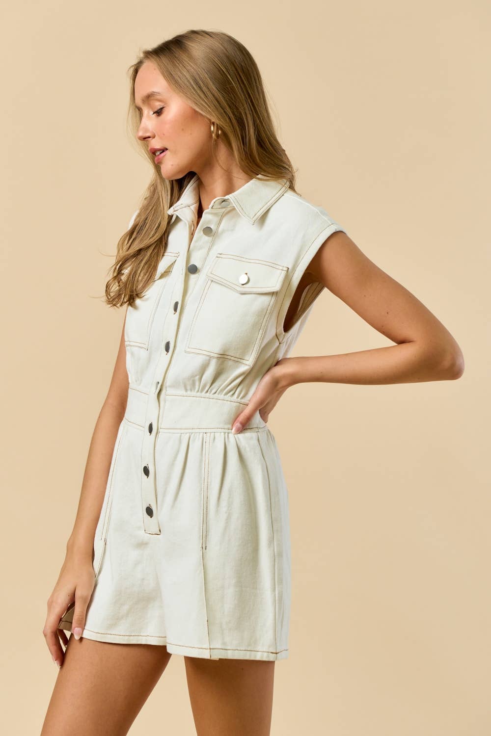 ILR4677 Sleeveless Collared Button Down Romper : WHITE