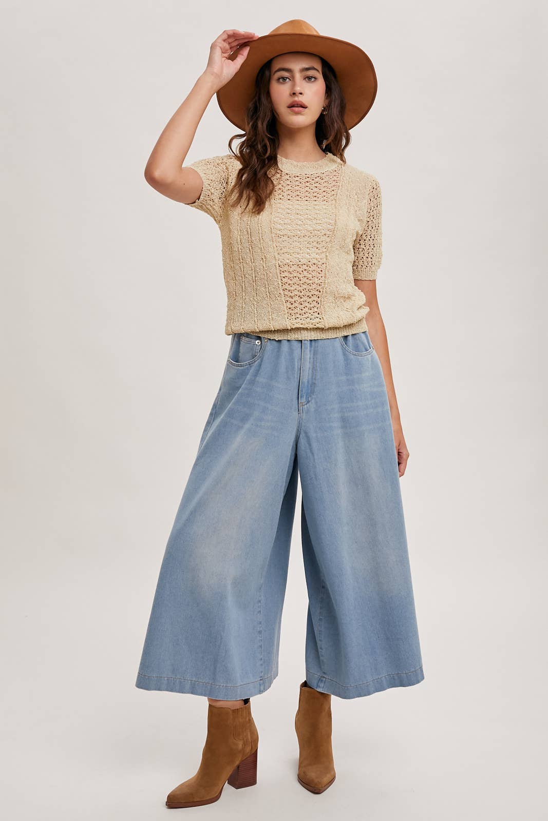 DENIM WIDE LEG CROP JEANS: LT.WASH / B02227