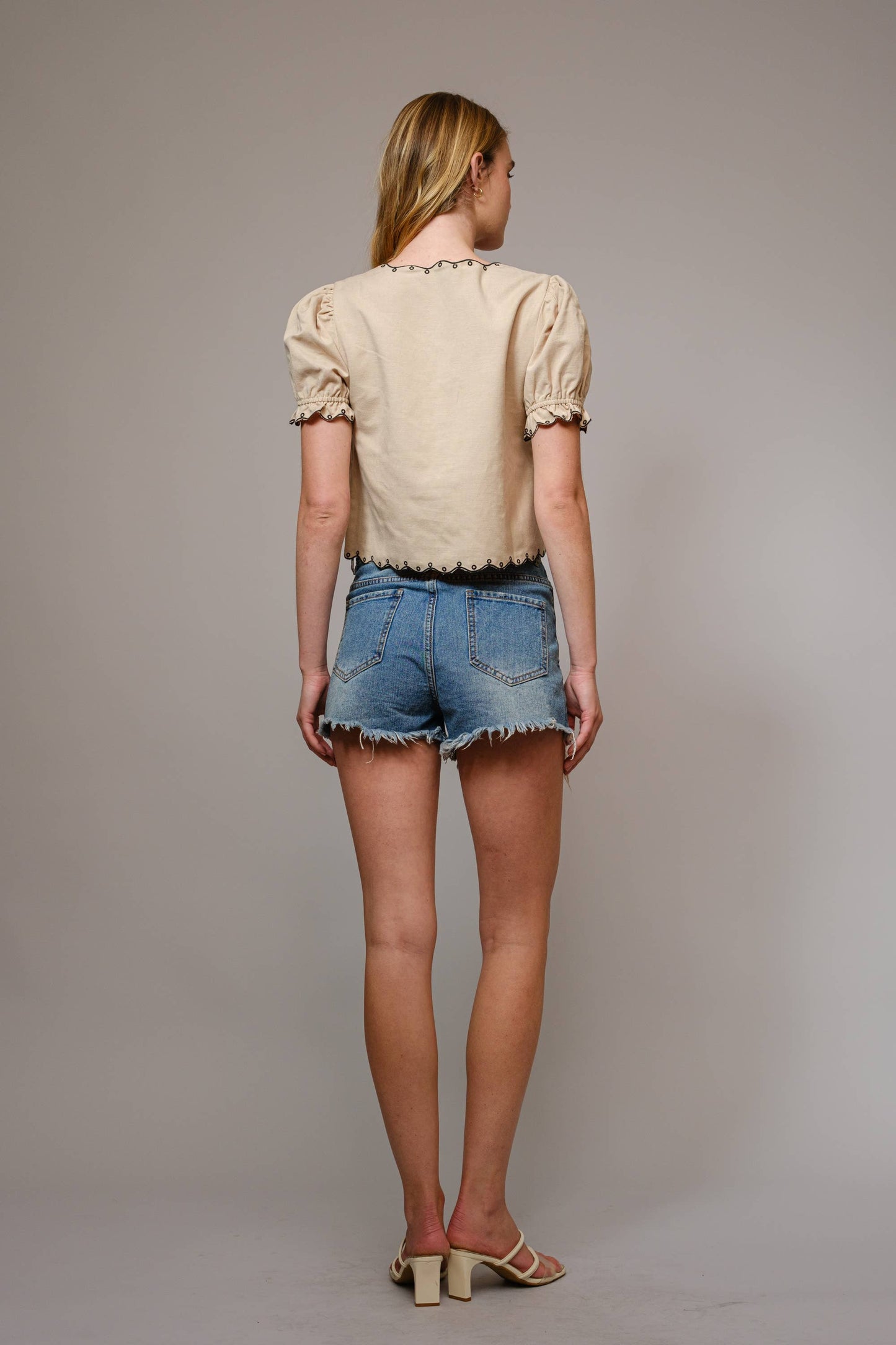 99387T - Puff Sleeve Embroidered Tie Front Blouse : WHITE / BlueB