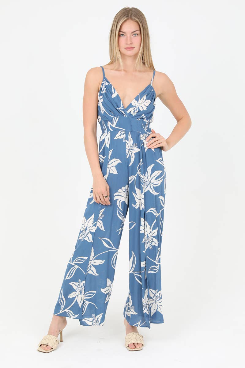 B5957-W921 V NECK SLIT LEG JUMPSUIT FLORAL PRINT: Blue