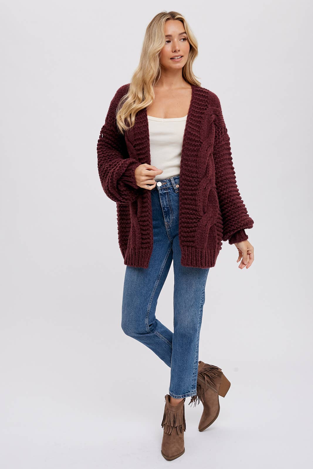 CHUNKY CABLE CARDIGAN: OLIVE / C01713