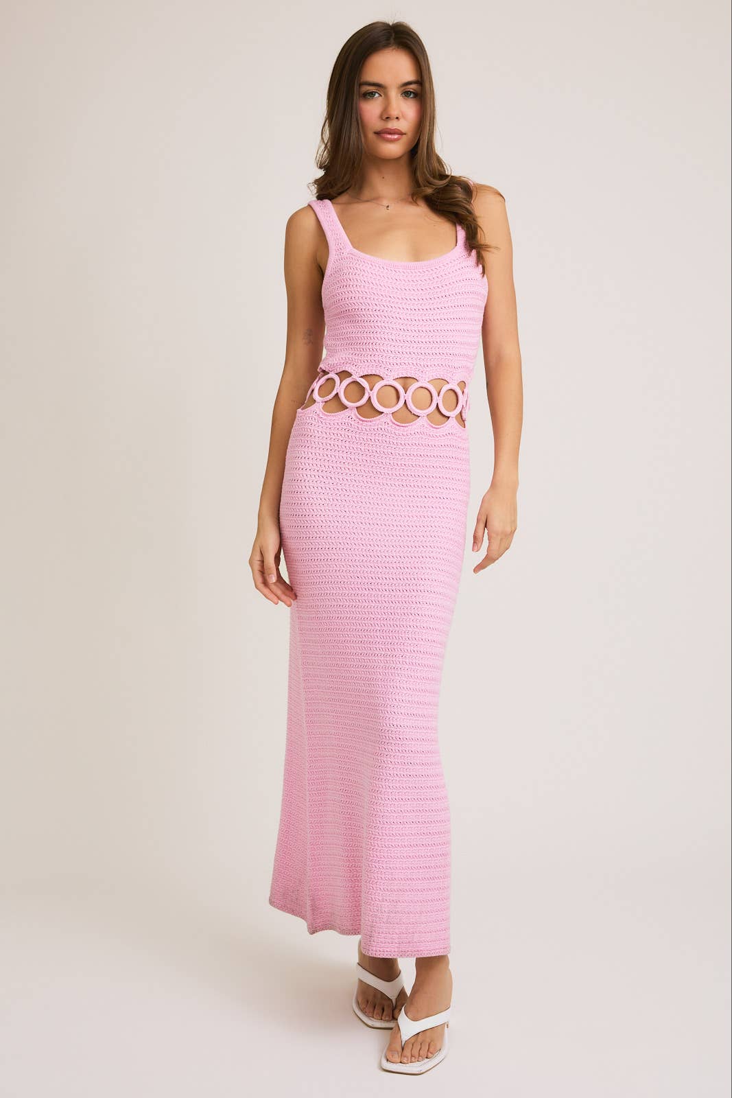 SQUARE NECK SLEEVELESS CROCHET MIDI DRESS: CREAM / MWD6871