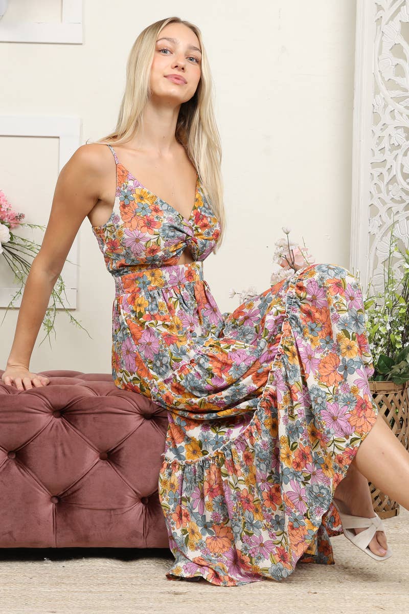 C4A91-A855 TWIST FRONT CUT OUT TIERED MAXI DRESS