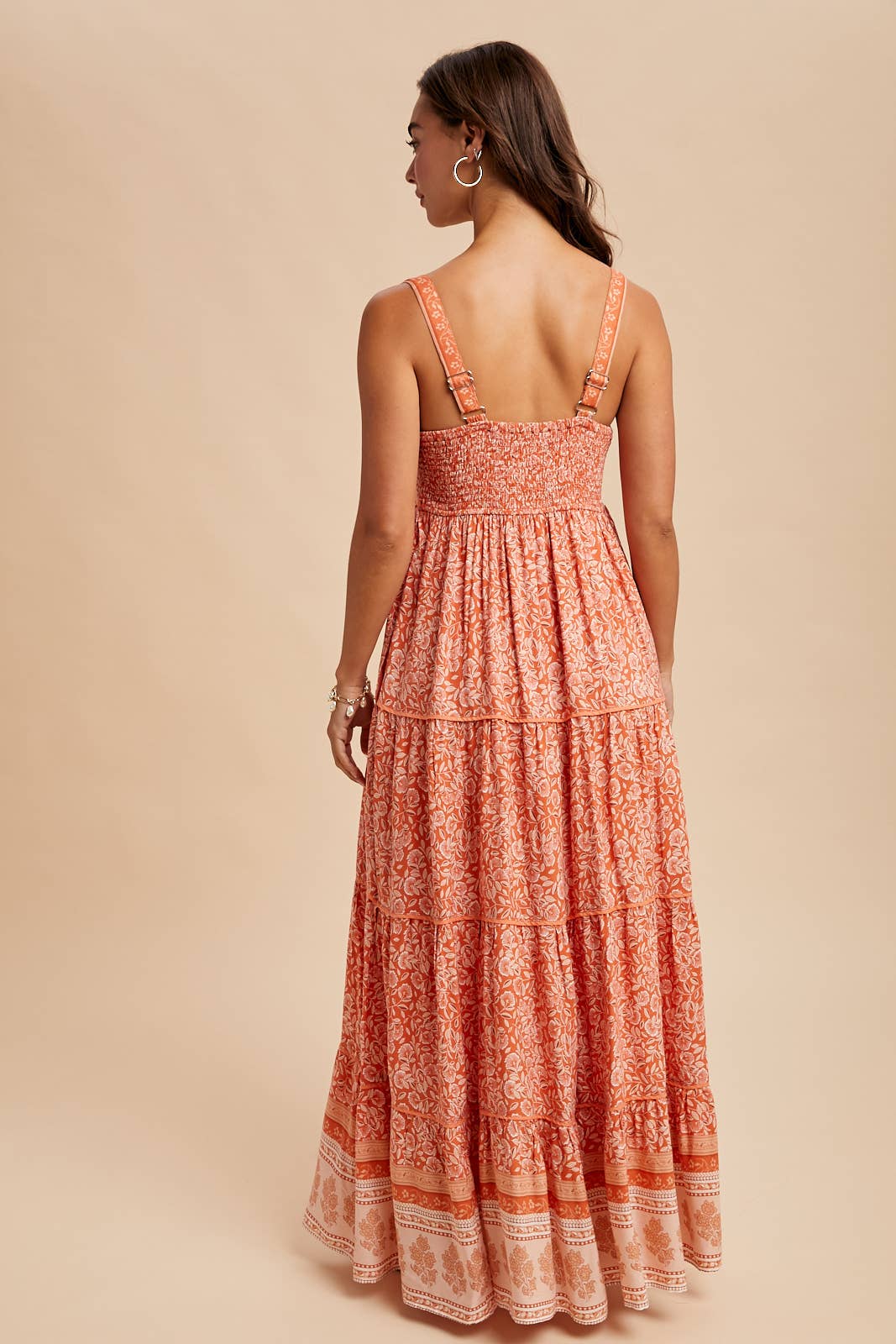 BORDER PRINT SLEEVELESS MAXI DRESS: PAPAYA / ILD6258