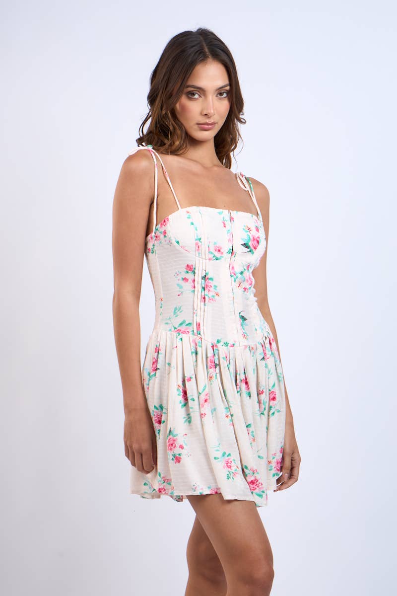 FLORAL CORSET SHAPE HOOK&EYES MINI DRESS: Vanilla Red Flower / SM-D20665C