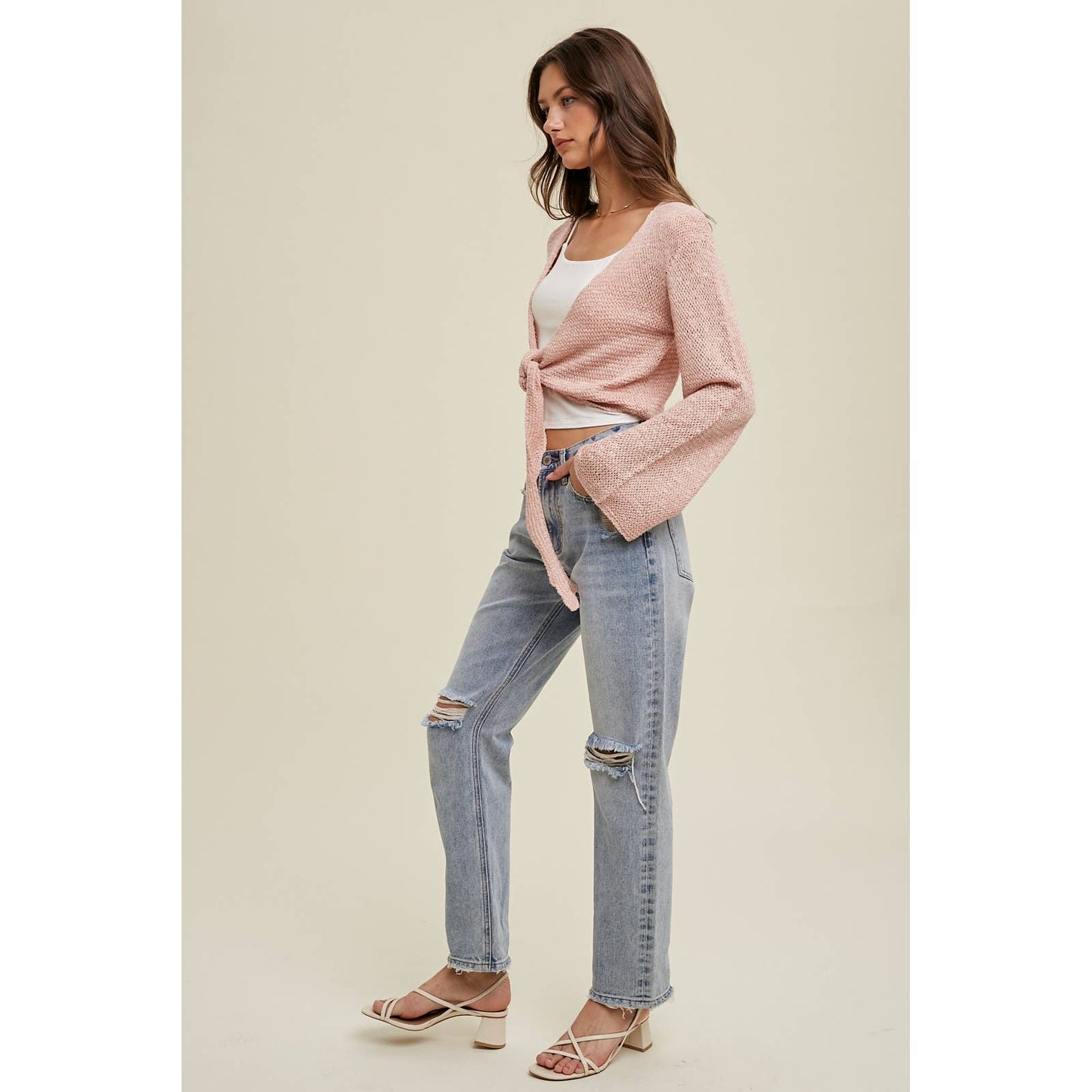 OPEN KNIT SWEATER SELF-TIE CARDIGAN / WL24-8627: TAUPE