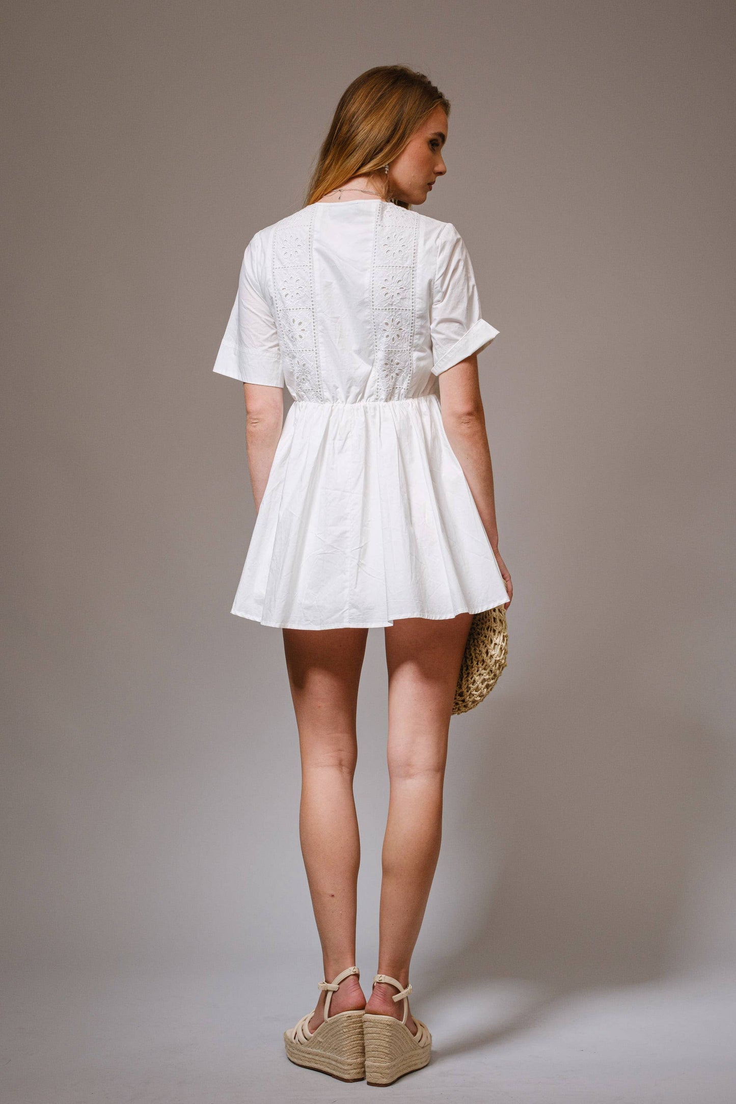 23318D - Eyelet Lace Tie Front Short Sleeve Mini Dress: OFF WHITE