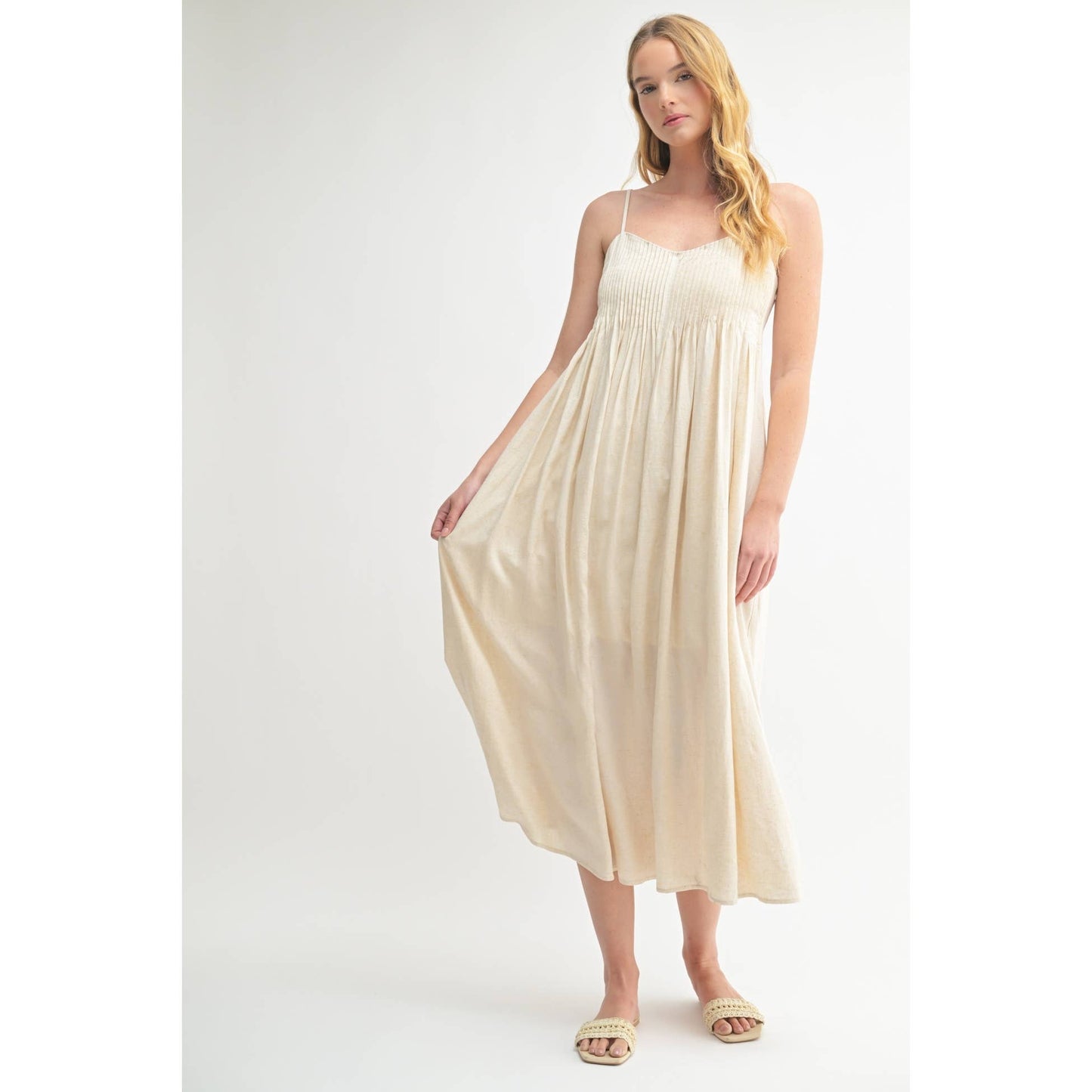 LINEN BLEND PINTUCK DRESS: Natural / FD68516_3