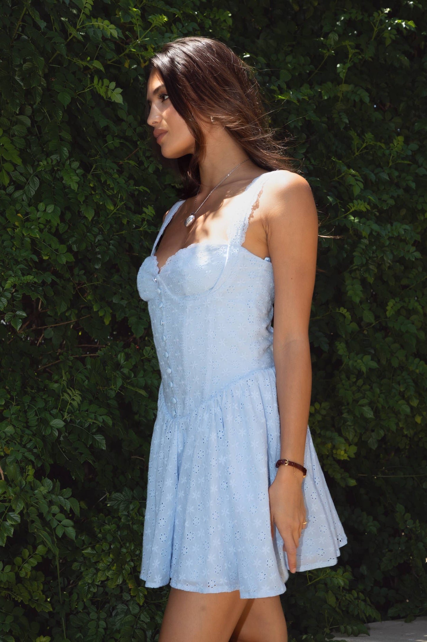 AUDREY Eyelet Embroidery Sleeveless A Line Summer Mini Dress: Linen Blue / DH30964-AUDREY-LINEN BLUE