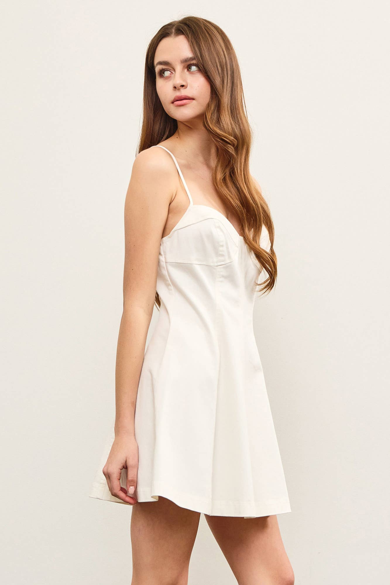 SWEETHEART NECK A LINE DENIM CAMI DRESS: White / DS0841