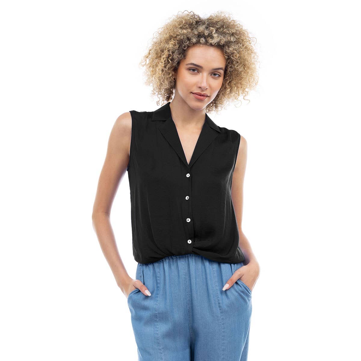 Knotted Sleeveless Collared Top: Papyrus / ET119375A-F