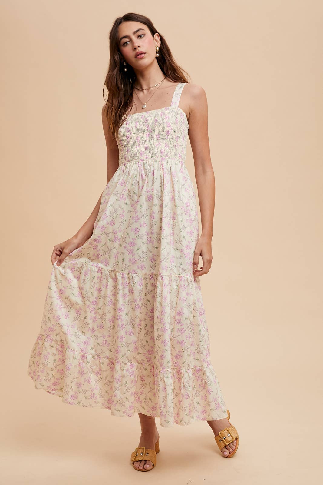 SMOCKED COTTON FLORAL MAXI DRESS: FRENCH BLUE / ILD6312-A