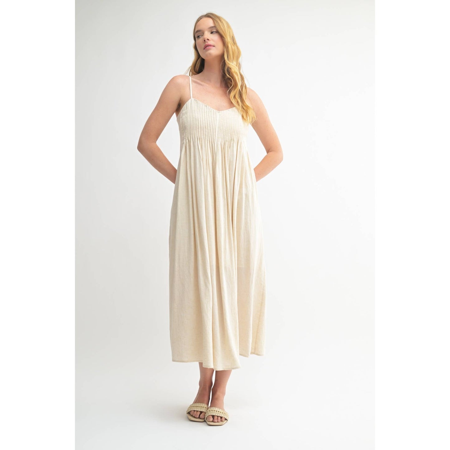 LINEN BLEND PINTUCK DRESS: Natural / FD68516_3