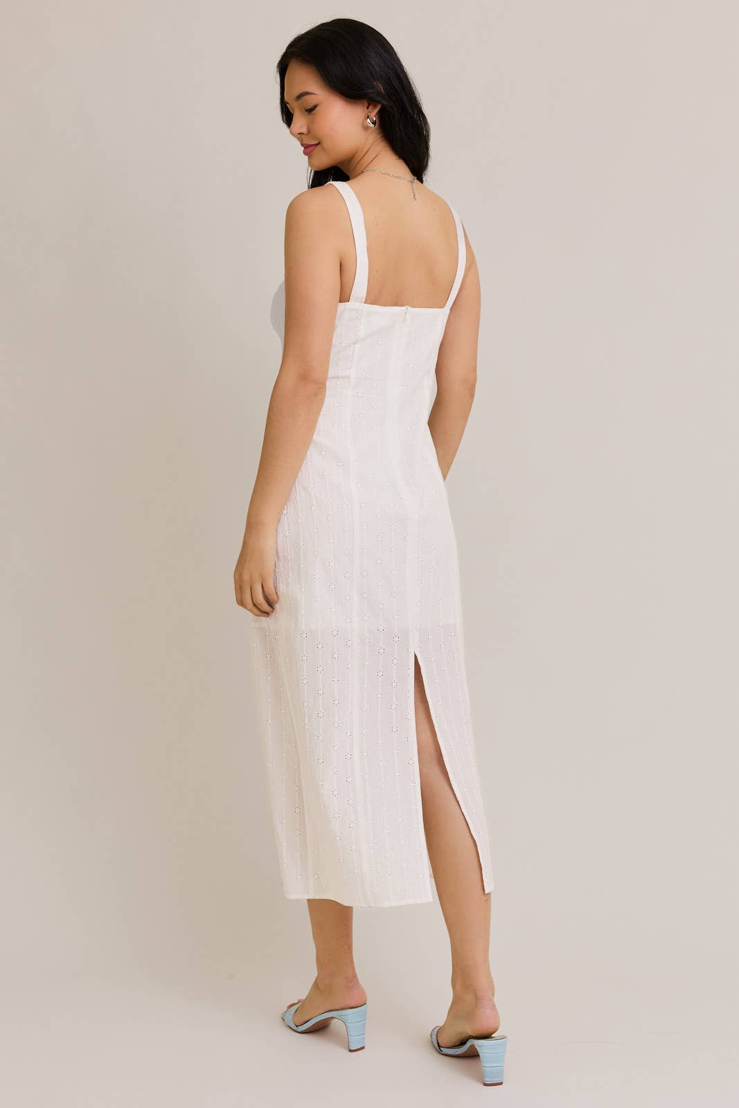 SHIRRED NECK EYELET MAXI DRESS: White