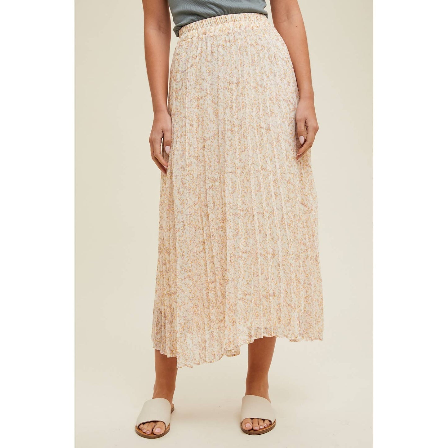 FLORAL PLEATED MIDI SKIRT / WL24-8878: MINT