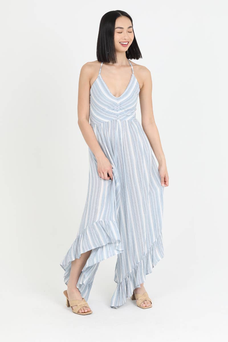 Q5X21-ML14 V NECK HALTER ANGLED HEM WIDE LEG JUMPSUIT
