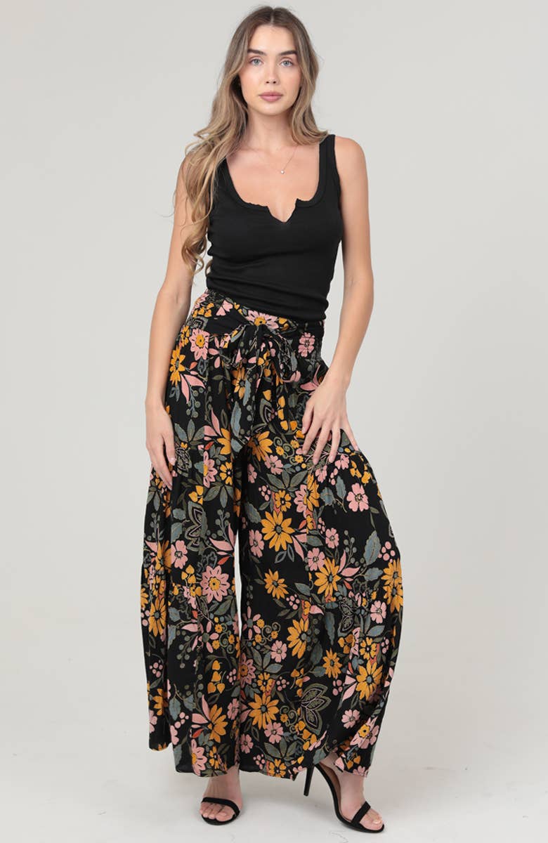 B3663-A867 WIDE LEG TIE WAIST PRINTED PANTS