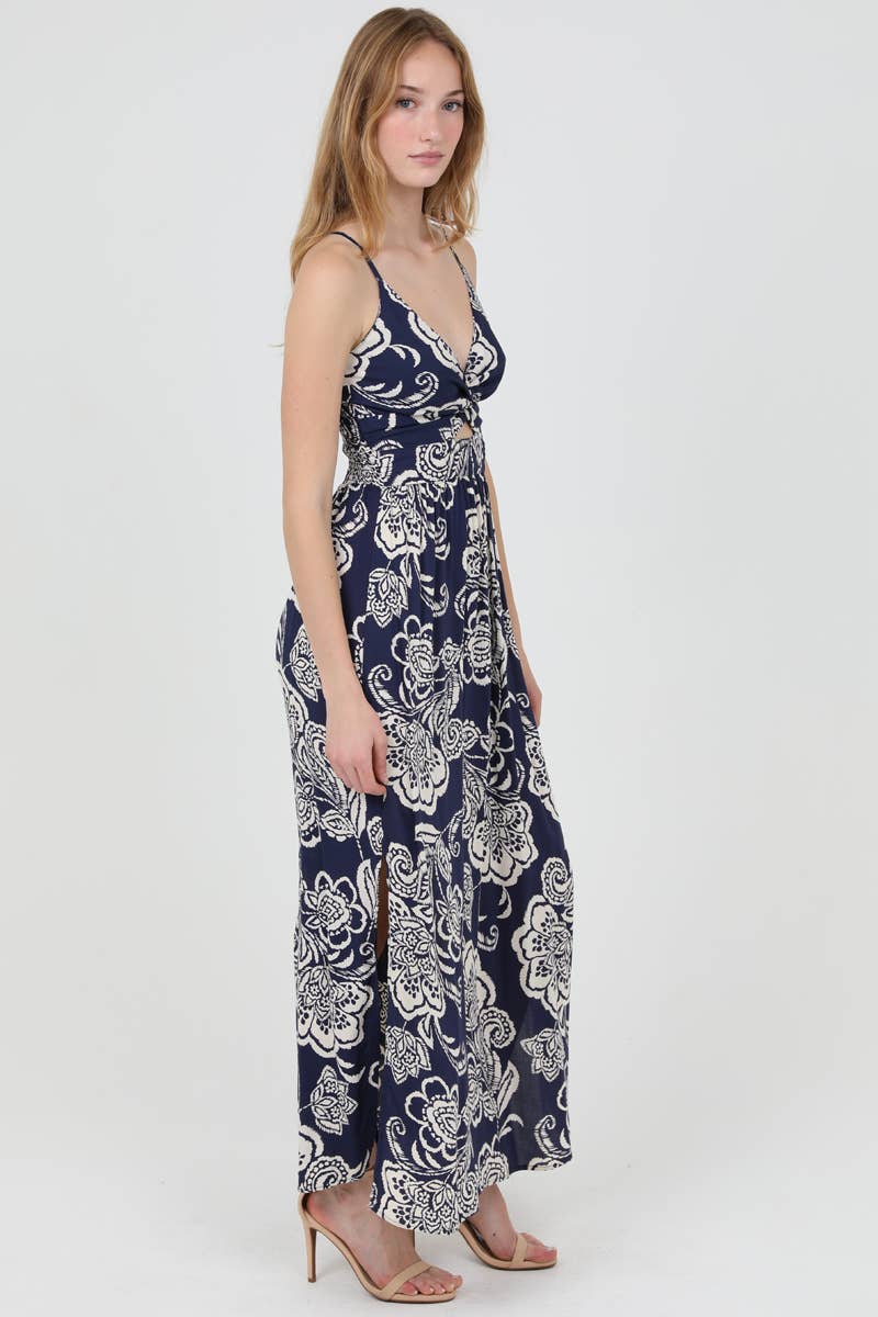 F4B48-A888 V NECK TWIST FRONT MAXI DRESS WITH SIDE SLITS