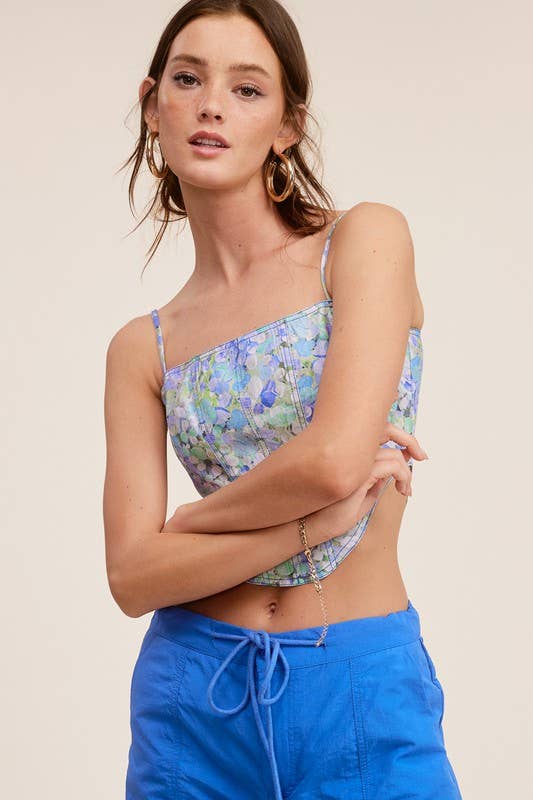 MT1541 FLORAL CORSET SPAGHETTI STRAP BACK ZIPPER TANK TOP: Blue