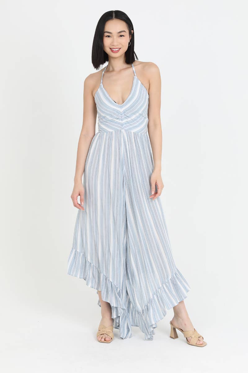 Q5X21-ML14 V NECK HALTER ANGLED HEM WIDE LEG JUMPSUIT