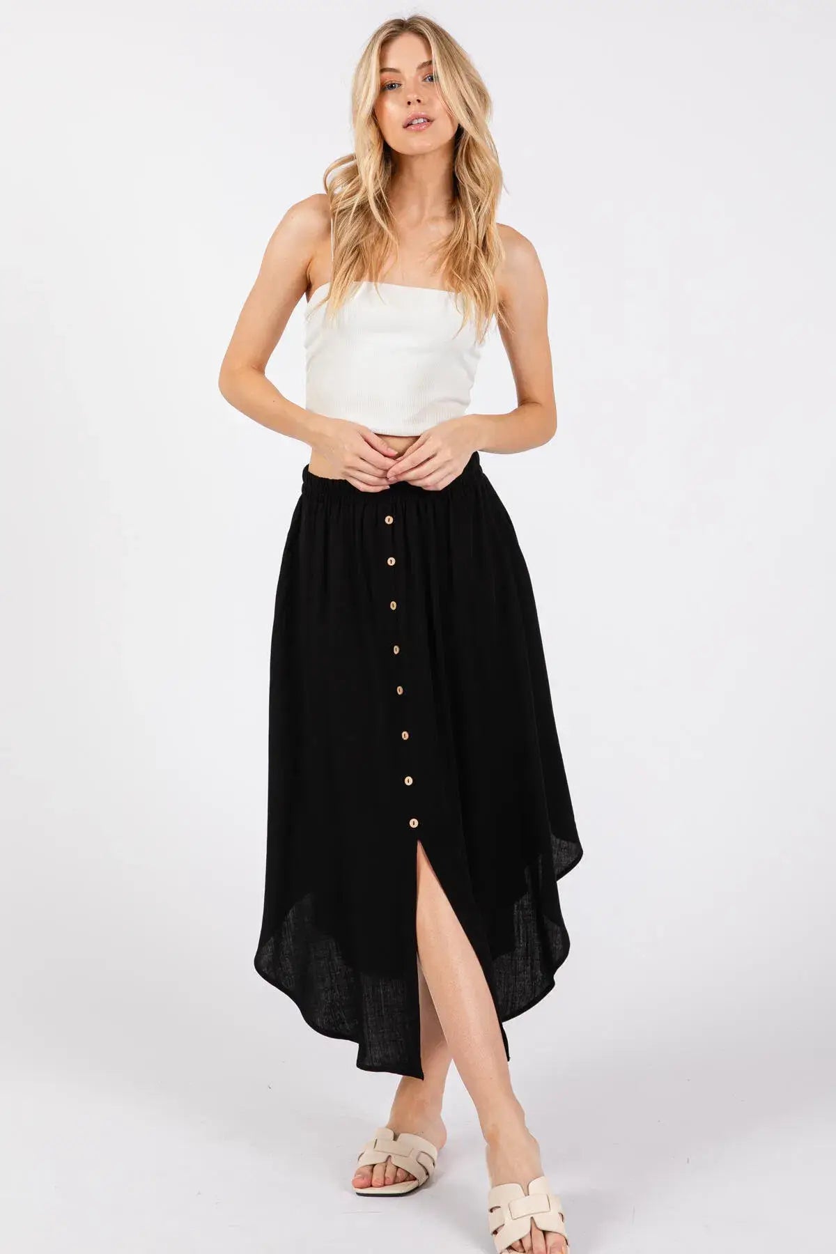Solid Elastic Waist Midi Skirt - NS80162D: Dune