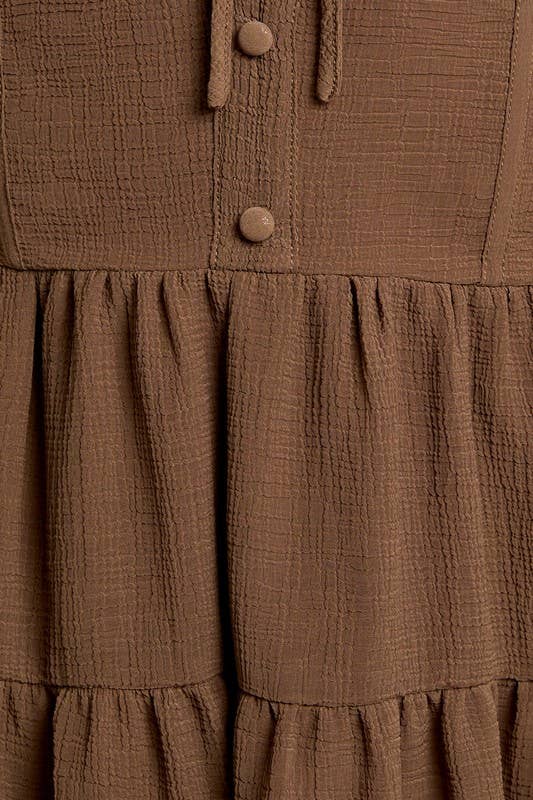 Strapless Button Down Smocked Back Tiered Dress: Brown / ID4766