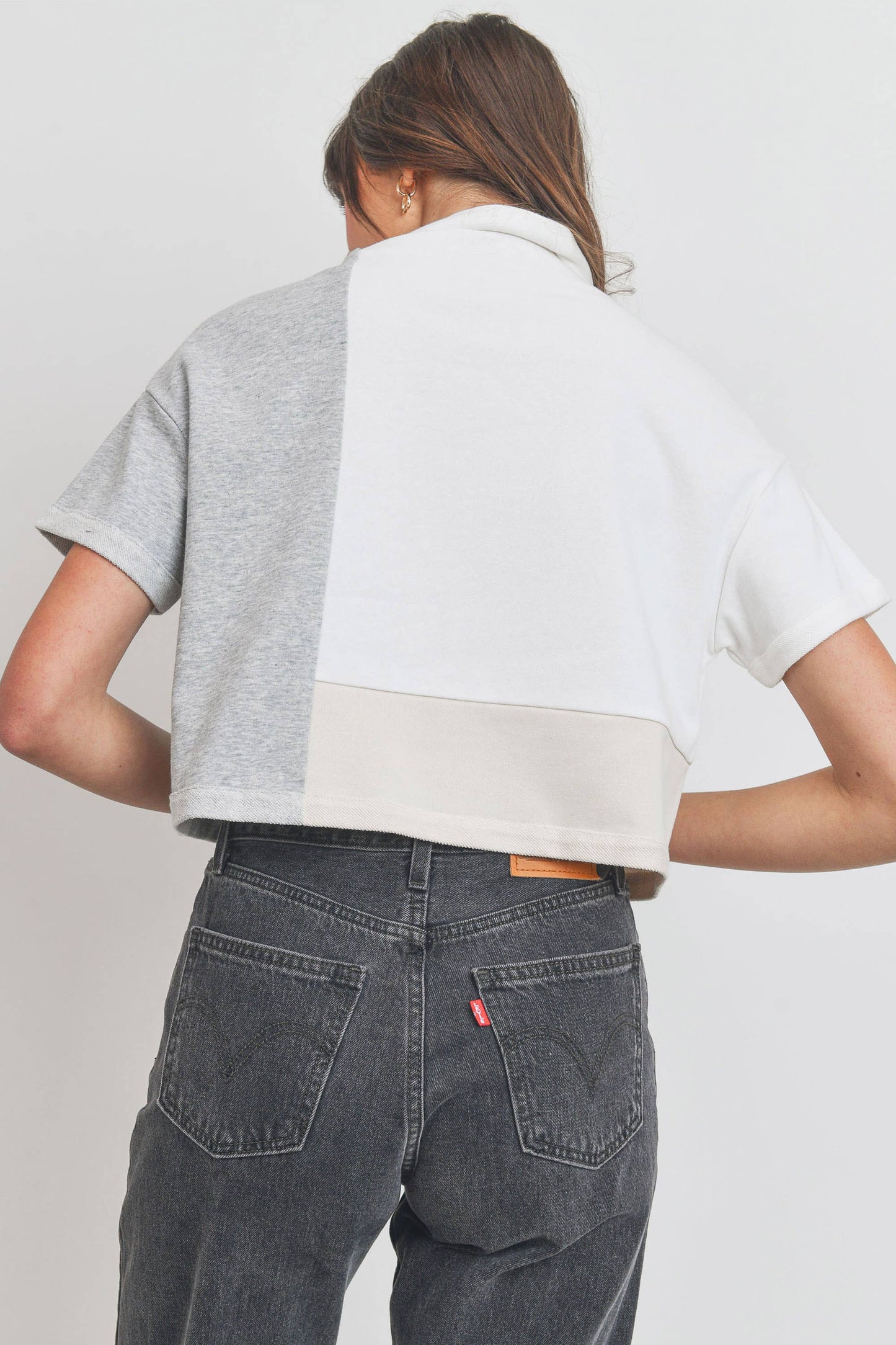 Turtle Neck Color Block Crop Top: IVORY MULTI