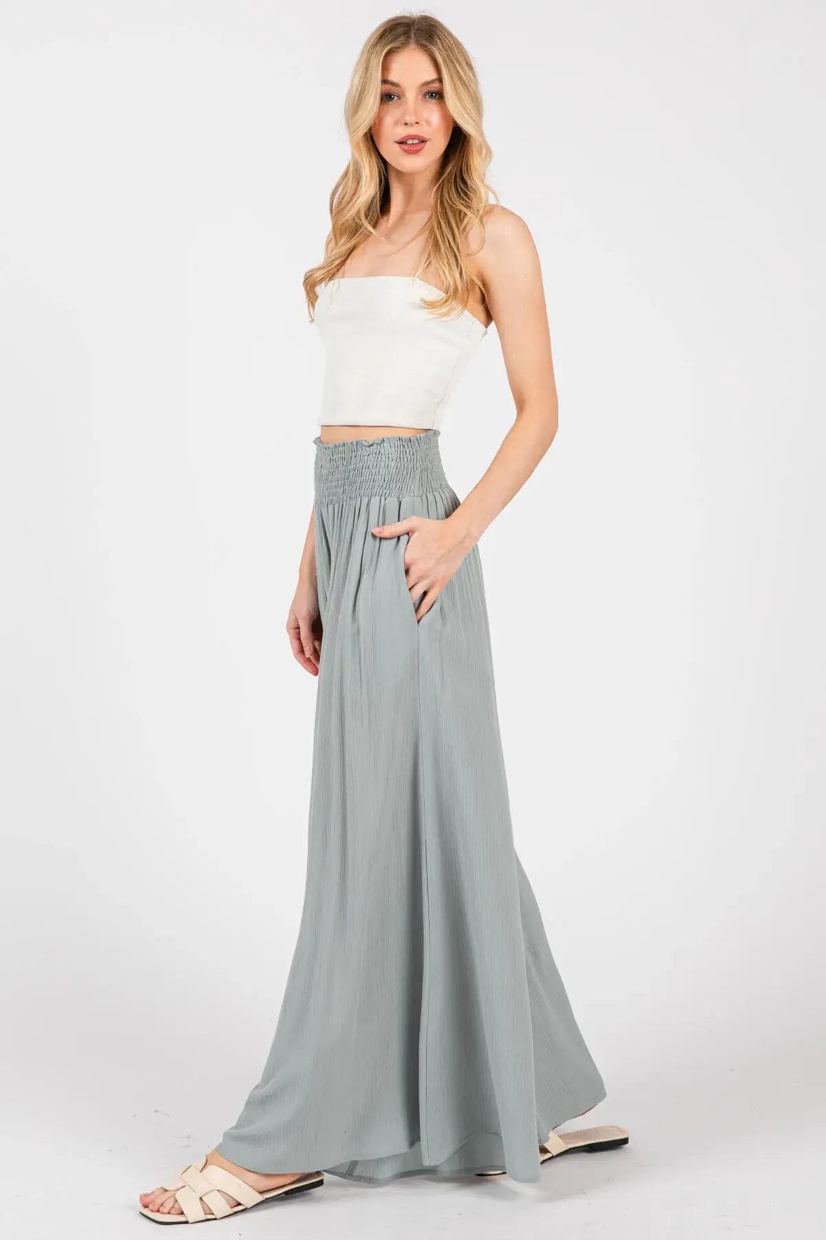 Smocked Waist Wide Leg Pants - NP16530Y: Military Green