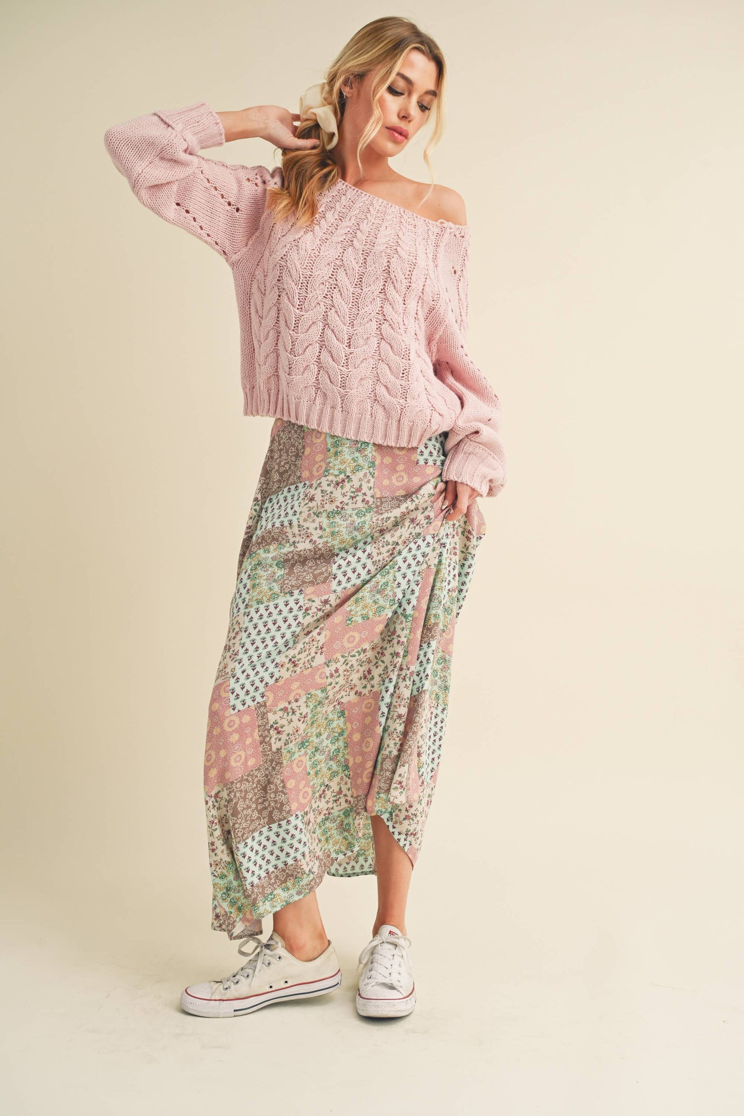 773DN-C6 Bradyn Patchwork Print Skirt / Mint/Pink