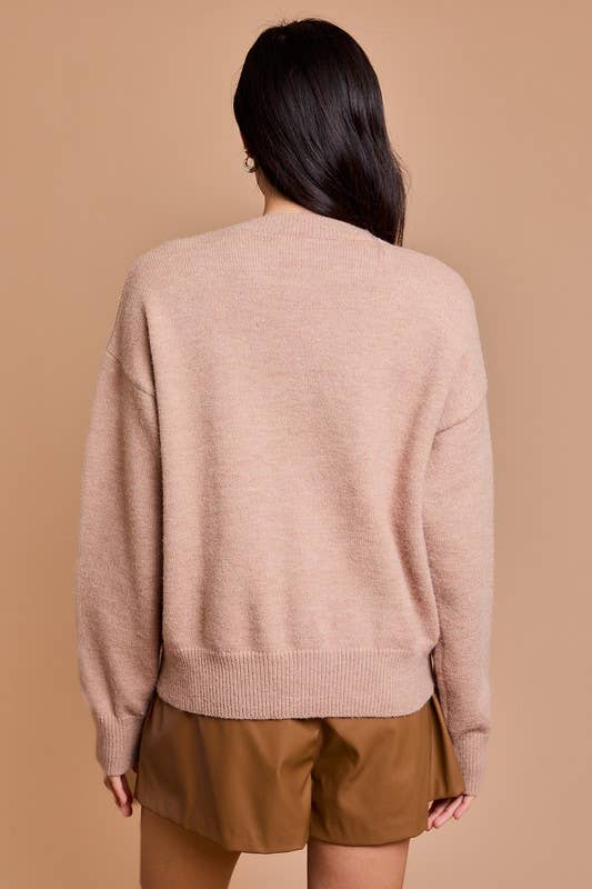 Round Neck Long Sleeve Bows Sweater: Taupe-cream / MWT7241G