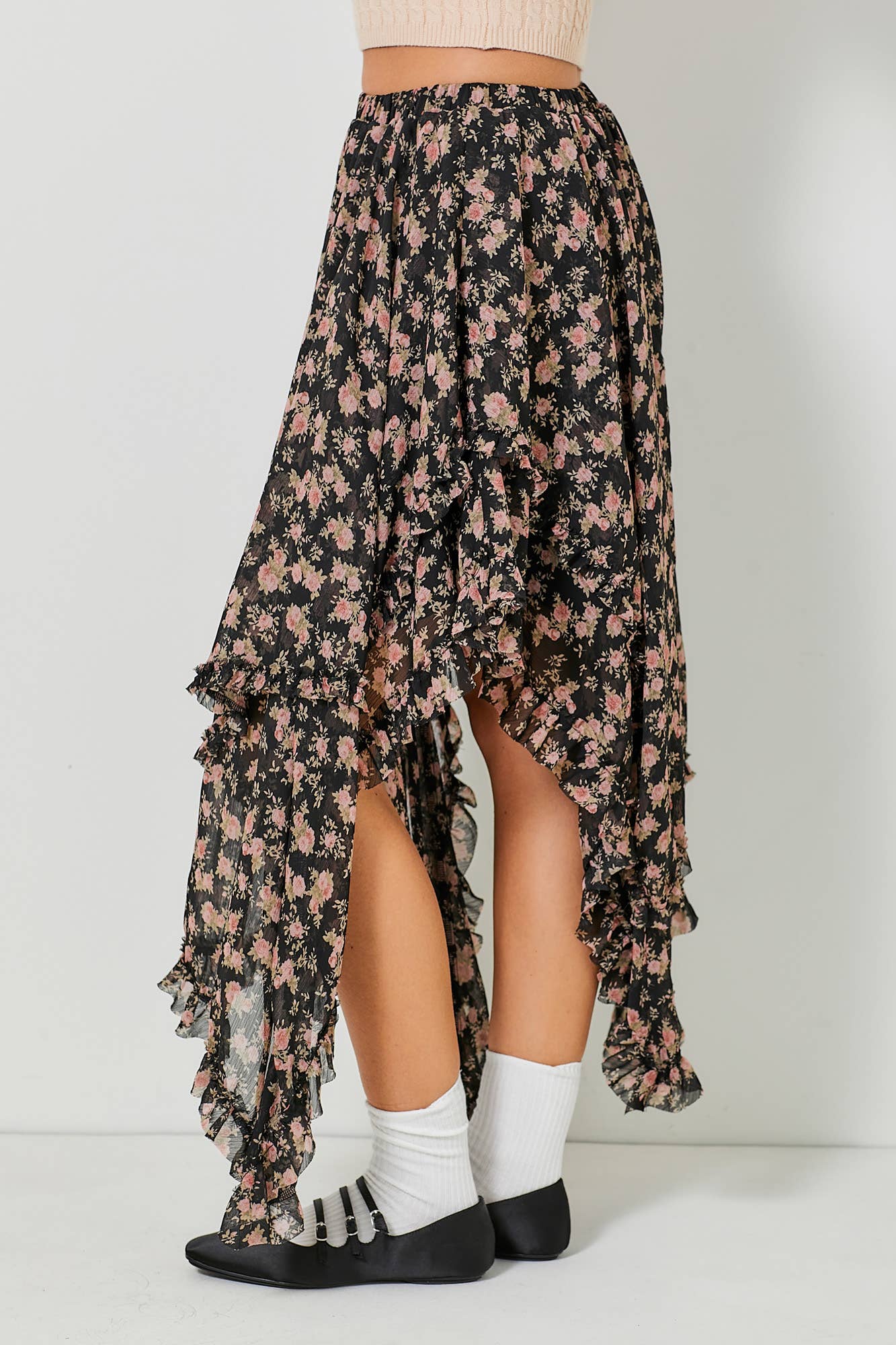 FLORAL MIDI SKIRT: BLACK BK1275-A