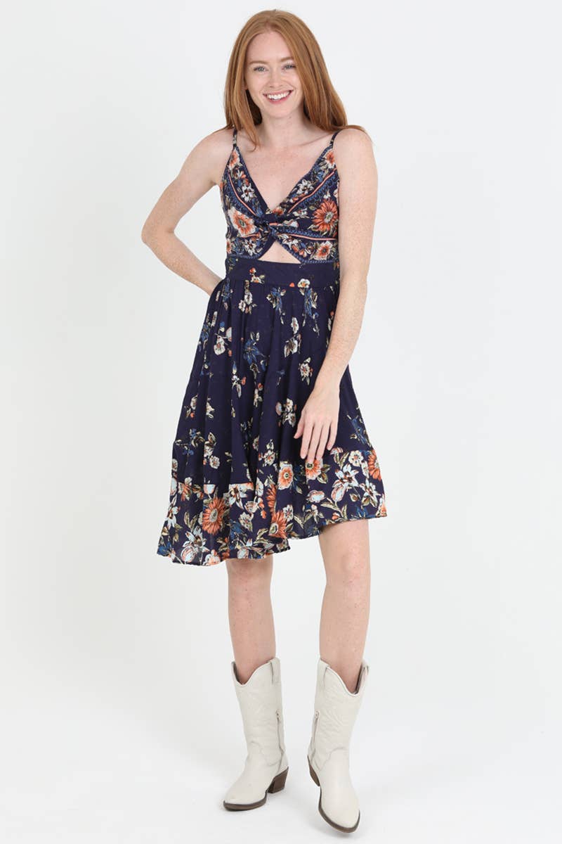 F4L10-FN96 V NECK TWIST FRONT CUT OUT ASYMMETRIC SKIRT DRESS