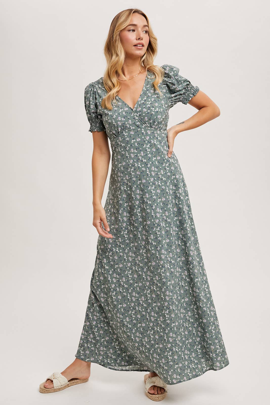 BOHO FLORAL PRINT V-NECK MAXI DRESS: Black / D02087