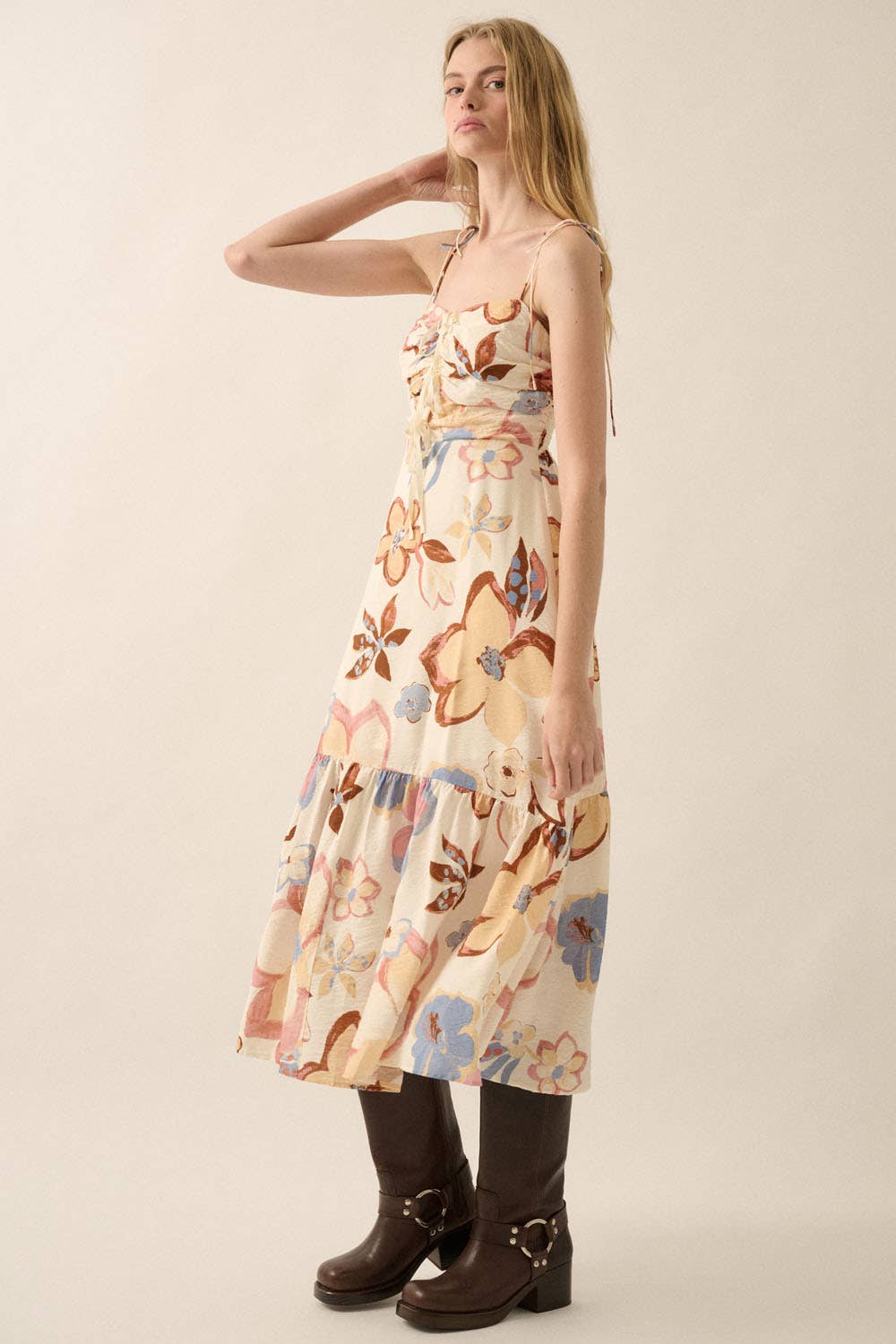 Textured Floral-Print Tie-Front Ruffle Midi Dress: CREAM / NDC2208C