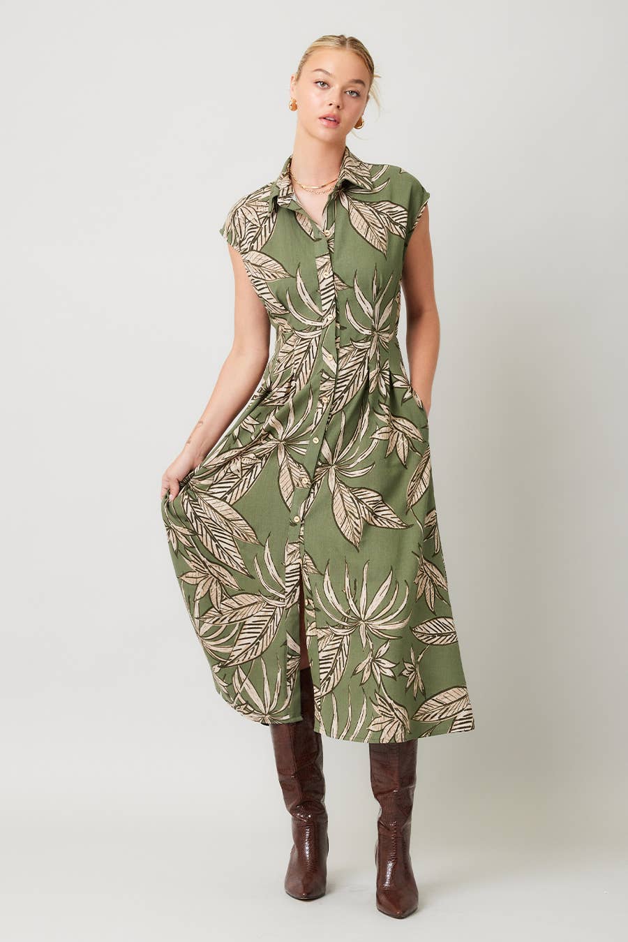 Printed Linen Cut Out Back Midi Dress : OLIVE / IM8755