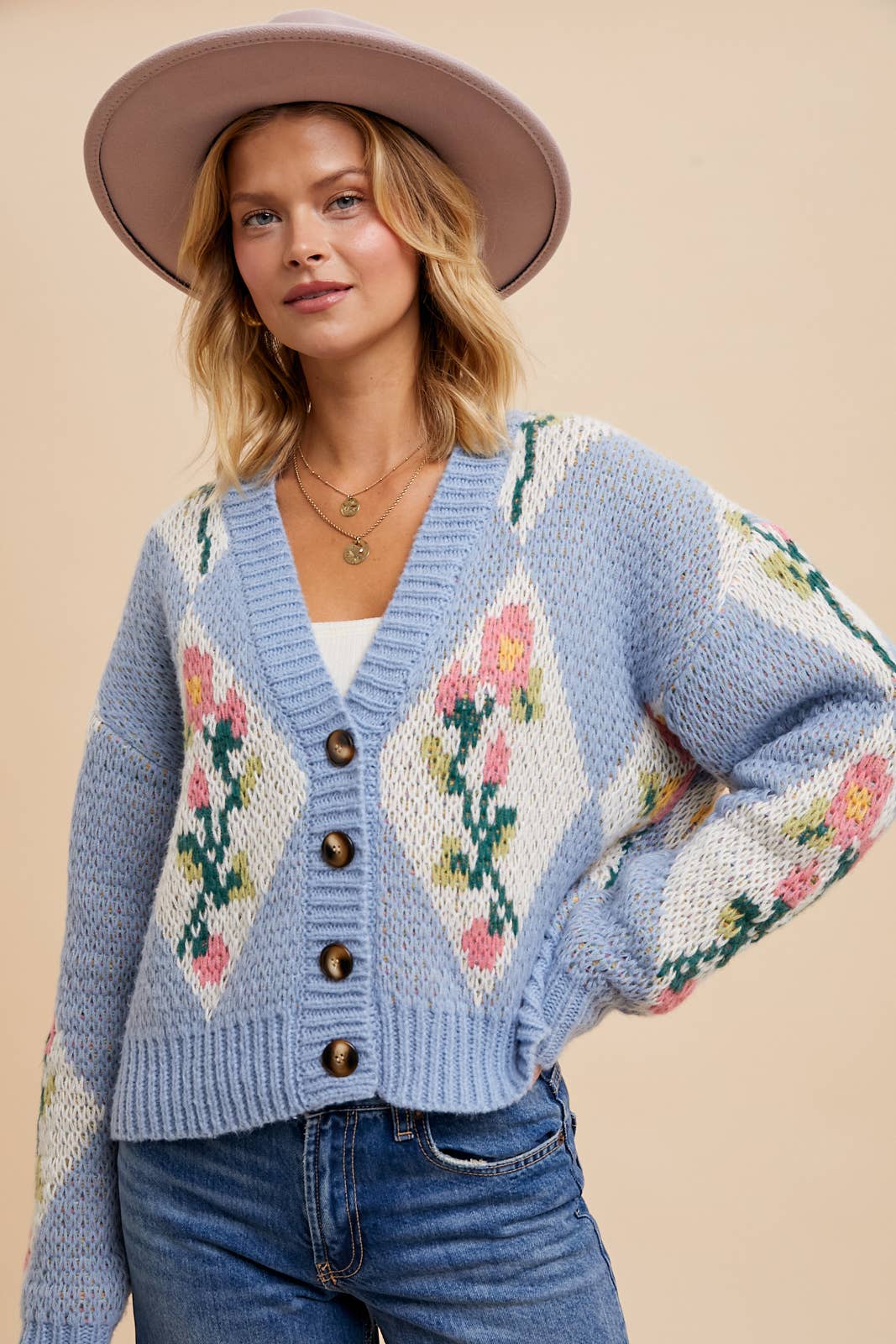 CROPPED CHUNKY FLORAL CARDIGAN: TAUPE / ILS8908